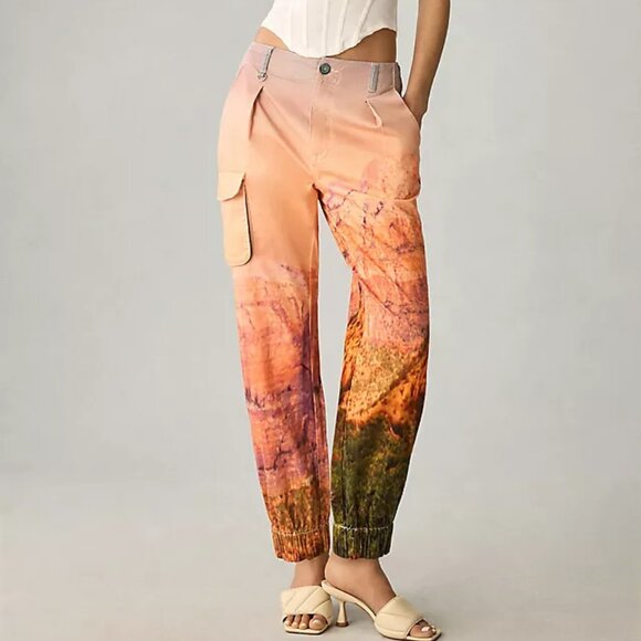 Pilcro Relaxed Low-Rise Cargo Chino Jogger Pants Stretch Graphic Orange - Picture 1 of 16